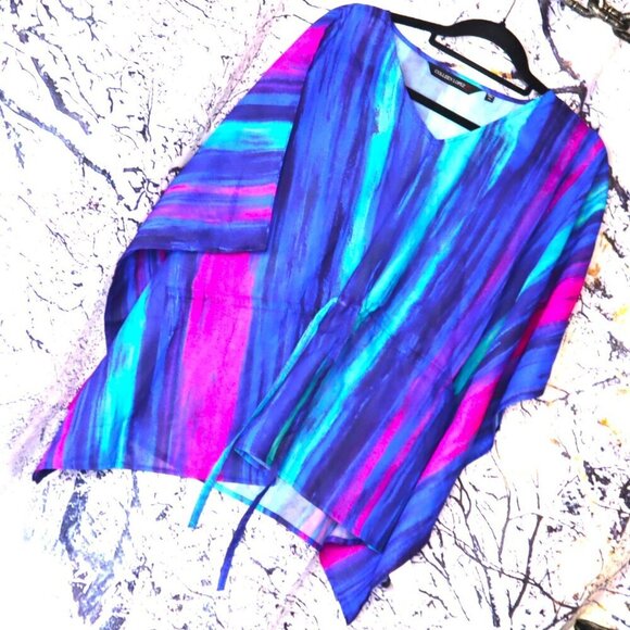 NEON SHEER BLOUSE XS Colleen Lopez Swim Cover Flowy Boxy Chiffon Vacation Summer - Picture 1 of 8